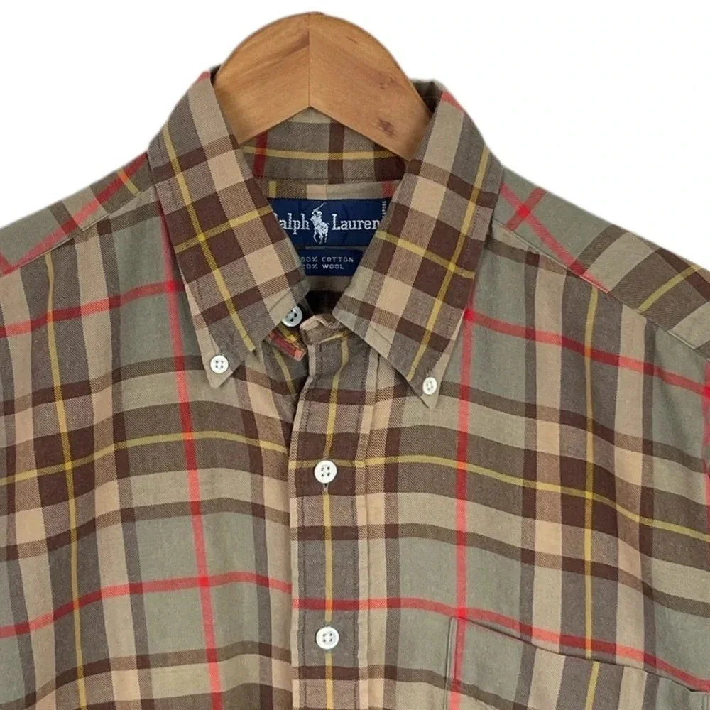 BF922 Mens Polo Ralph Lauren Designer Wool Blend Plaid Button Down Shirt M